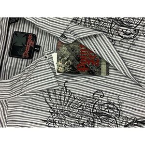 Point Zero Men Shirt Size L Black White Striped Embroidered ButtonUp Long Sleeve